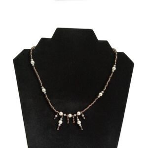 Brown & White Faux Pearl Seed Beaded Lightweight Single Strand Fashion Necklace